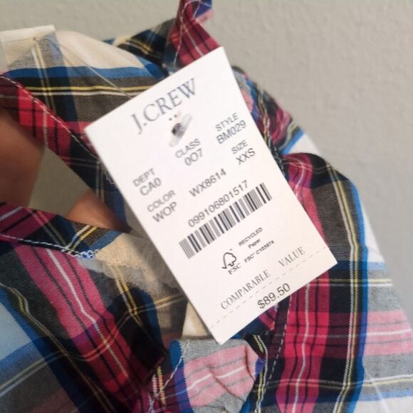 J Crew BM029 NWT Size XXS White Tartan Plaid Cotton-Blend Ruffle-Neck Top - Picture 9 of 9